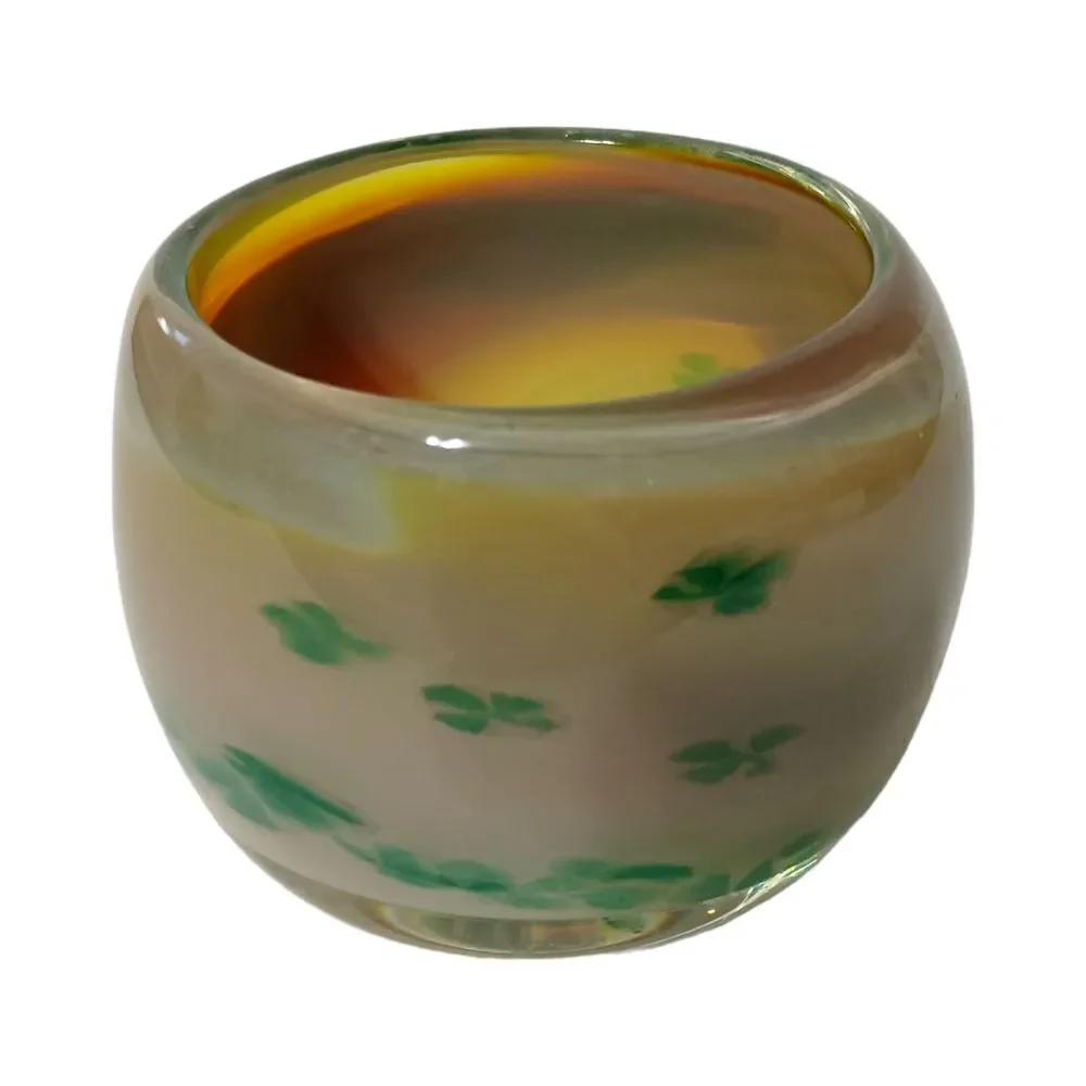 Hand Blown Studio Art Glass Votive Candle Holder Green Floral Tealight‎ Signed